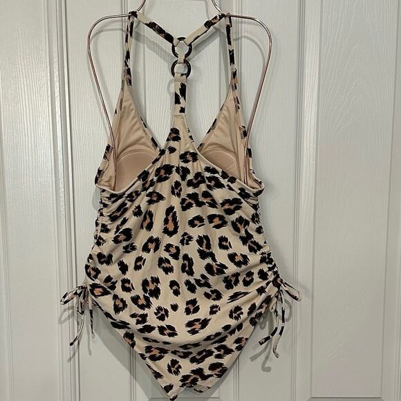 Kona Sol Leopard Print One Piece Swimsuit V-Neck Y-Back Rings Medium - Picture 4 of 13